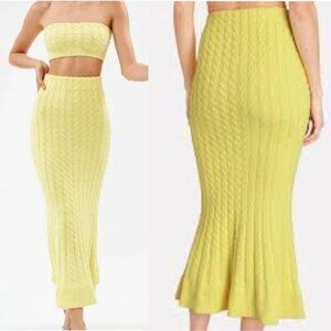Ronny Kobo Cable Knit Midi Skirts Cream Yellow Stretch Small